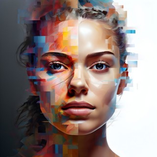 AI generated human portrait transitioning from lifelike human to a pixelated digital effect