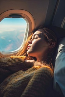 A young woman sleeps peacefully by a sunlit aeroplane window, AI generated, AI generated