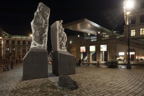 Night shot of the memorial against war and fascism, 1988, by Alfred Hrdlicka, 1928-2009, on the
