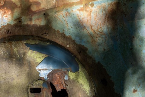 Rust on car bodywork, Kyrkoe Mosse car cemetery, Ryd, Tingsryd, Kronobergs laen, Sweden, Europe