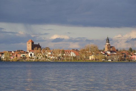 Town view Waren with church St. Georgen and church St. Marien, Mueritzsee, Waren, Mueritz,