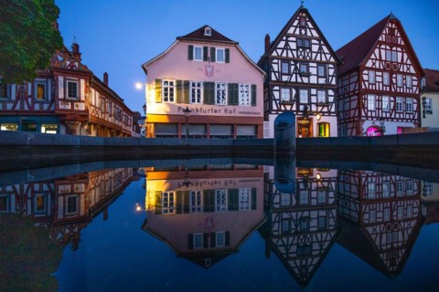 View of an old town, half-timbered houses and streets in a town. Seligenstadt am Main, Hesse