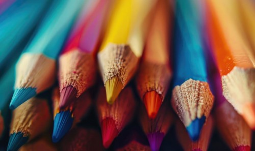 Close-up of a bunch of colored pencils, abstract background with colored pencils macro view AI