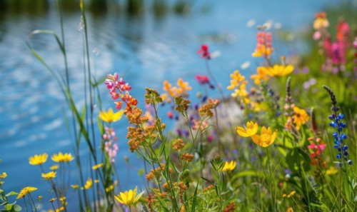 Close-up of vibrant wildflowers lining the banks of a spring lake AI generated