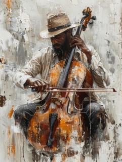 Gritty textured painting of a street musician playing the cello with an urban feel, AI Generated,