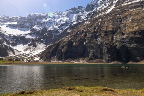 Spring at Hintersee, snow-covered mountains in Pinzgau