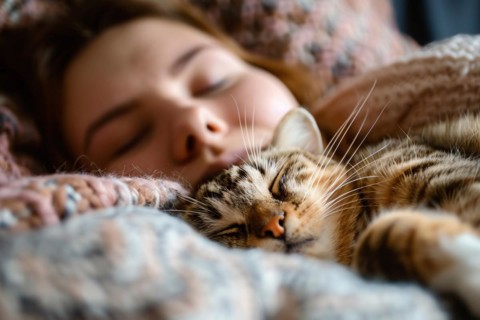Cute tabby cat sleeping with human in bed. KI generiert, generiert, AI generated