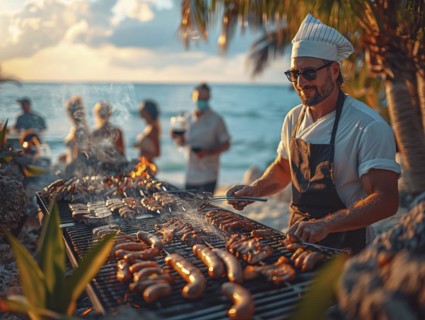 Barbecue party, guests with glasses in their hands stand around a chef who is grilling sausages and