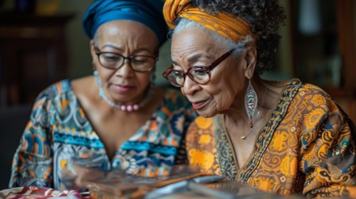 Two elderly asian women in vibrant cultural attire engaged in reading and sharing knowledge, AI