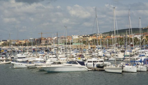 Sailboats and speedboats in Alghero marina, Sassari Province, Sardinia, Italy, Mediterranean, South