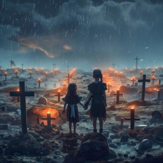 Two children stand in an illuminated cemetery under a rainy sky, war, war graves, military