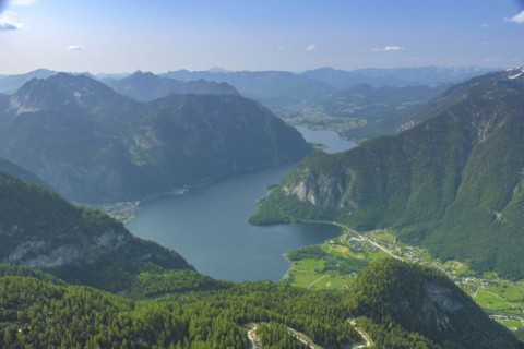 Amazing mountains panorama from 5 Fingers viewing platform above Hallstatt village, Hallstaettersee