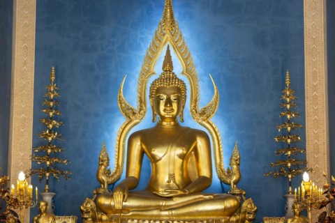 Golden Buddha statue, Bhumispara-mudra, Buddha Gautama at the moment of enlightenment, in the
