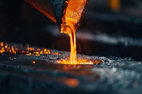Close up of molten metal being poured into mold. KI generiert, generiert, AI generated