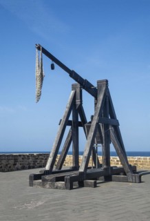 Medieval catapult at fortress wall of Alghero, Sardinia, Italy, Mediterranean, Southern Europe,