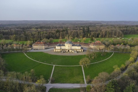 Aerial view of the rococo-style hunting and pleasure palace Schloss Solitude, built by Duke Carl