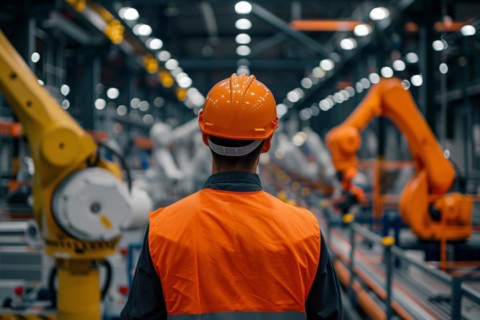 Back view of worker wit safety helmet in factory. KI generiert, generiert, AI generated