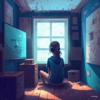 A person sitting on the floor, engrossed in content on a tv screen in a dimly lit room, AI