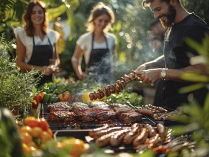 Barbecue party, guests with glasses in their hands stand around a chef who is grilling sausages and