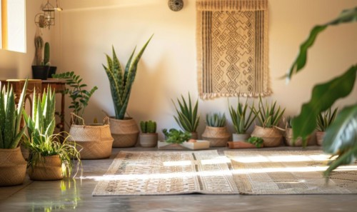 A serene yoga studio adorned with potted aloe vera plants AI generated