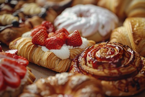 Close up of different baked pastries. KI generiert, generiert, AI generated