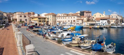 Colourful boats in the harbour, panoramic view, Maddalena, Isola La Maddalena, Sardinia, Italy,