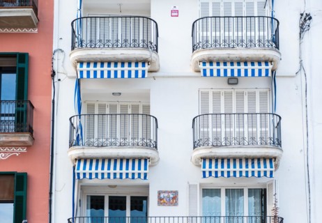 Balconies of a hotel on the seafront promenade in Sitges, Spain, Europe