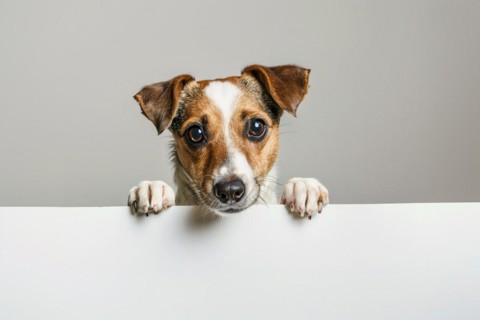Errier dog with large empty white sign in front of gray studio background. KI generiert, generiert,