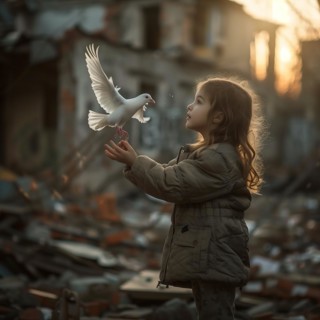 A girl in a winter jacket holds a pigeon in a destroyed neighbourhood, Destroyed houses, War, Dove