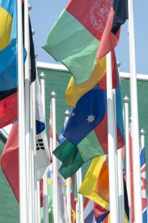 Many flags in front of the United Nations Conference Centre, Bangkok, Thailand, Asia