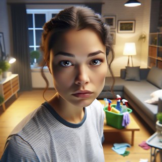 Digital illustration of a young woman with cleaning utensils in a room at night, No desire to tidy