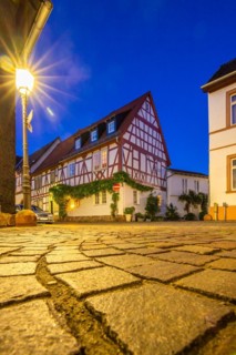 View of an old town, half-timbered houses and streets in a town. Seligenstadt am Main, Hesse