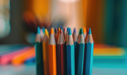 Close-up of a bunch of colored pencils, abstract background with colored pencils macro view AI