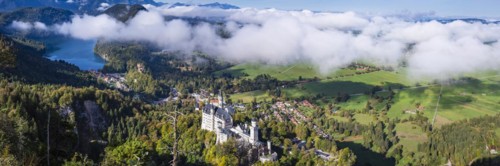 Neuschwanstein Castle and the Alpsee, near Hohenschwangau, Romantic Road, Ostallgaeu, Bavaria,