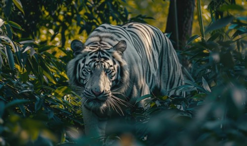 A white tiger prowling through the dense foliage of its natural habitat AI generated