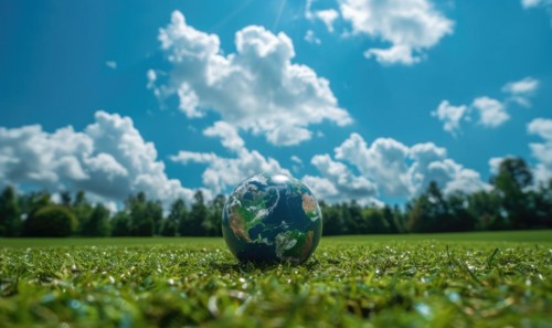 An Earth globe on a grassy meadow with bright blue sky as the backdrop AI generated