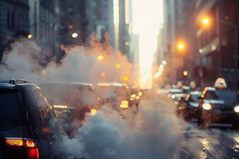 City street full of smoke caused by car exhaust gas, KI generiert, generiert, AI generated