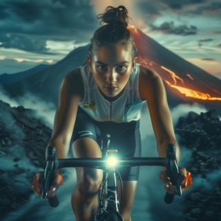 Cyclist in front of the backdrop of an active volcano, the twilight intensifies the dramatic scene,
