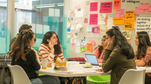 Relaxed office meeting with a team planning and collaborating surrounded by post-it notes, AI