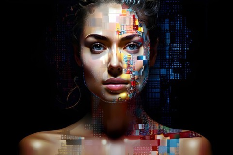 AI generated human portrait transitioning from lifelike human to a pixelated digital effect