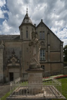 Sculpture of the Virgin Mary in front of Notre Dame de l'Assomption Cathedral, Lucon, Vendee,