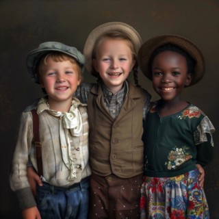 Three children smiling in retro clothes and accessories, evoking a nostalgic feeling, group picture