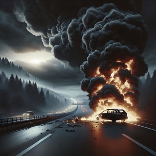 A car burns at night on a forest road, massive smoke development, AI generated