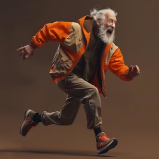 Old man in orange-brown clothing jumps dynamically with outstretched arms in front of a brown