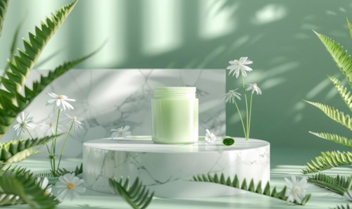Aloe vera gel product promotion featuring a blank jar mockup showcased on a marble produce podium