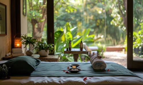 A tranquil spa retreat offering aloe vera infused facials and body treatments amidst lush greenery