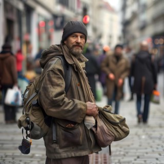 A homeless man with several rucksacks looks into the camera with a hint of hope in his eyes, AI