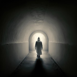 Silhouetted person in a hooded cloak walks towards light at the end of a dark tunnel, AI generated