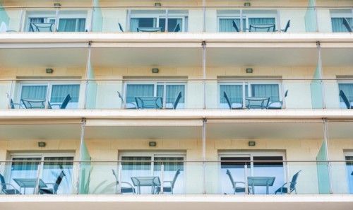 Balconies of a hotel on the seafront promenade in Sitges, Spain, Europe