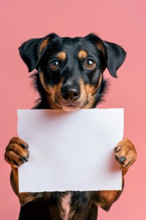 Dog holding empty white sign in front of pink studio background. KI generiert, generiert, AI
